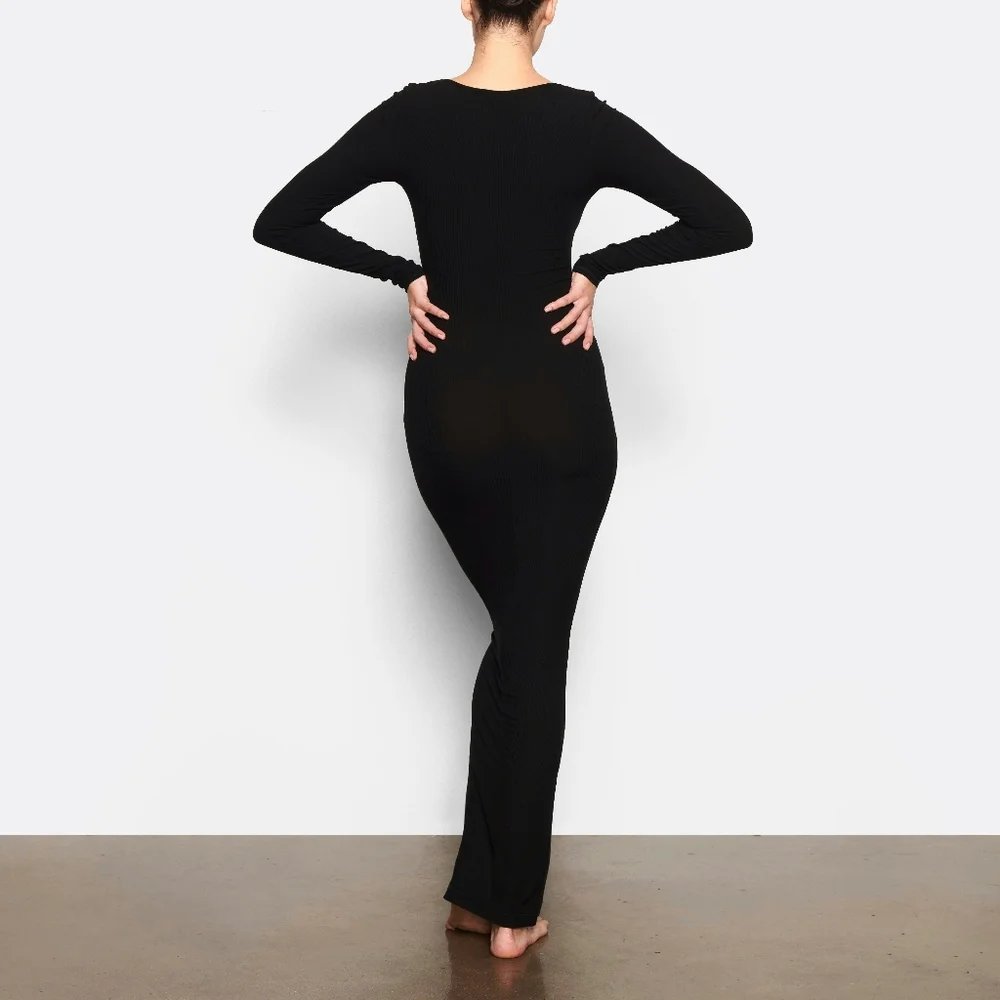 NWT SKIMS Soft Lounge Maxi Dress Long Sleeve S Onyx - Picture 2 of 3